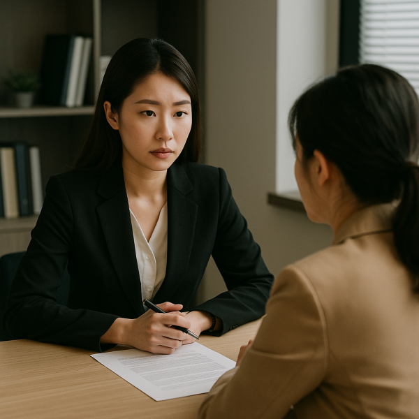 여탐정 사무소 상담실에서 여성 상담가가 의뢰인의 상황을 듣고 대화를 나누는 장면