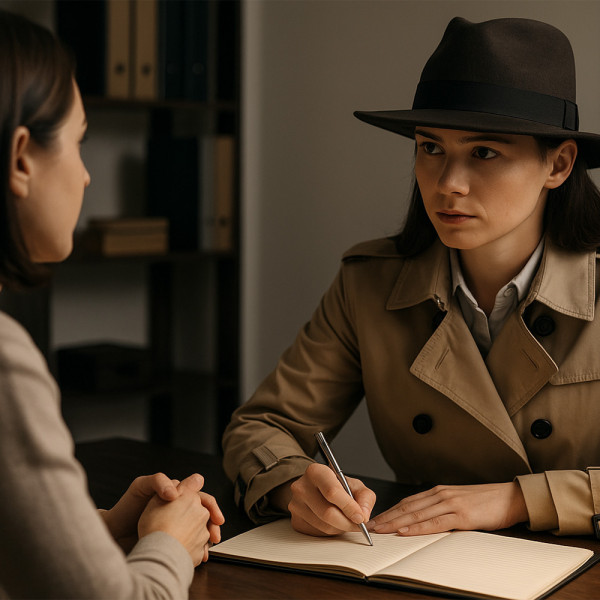 여성 공인탐정이 의뢰인과 상담을 진행하는 모습 - 사실 확인 상담 장면