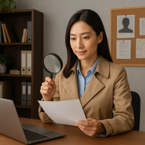 여성 탐정이 사무실 책상에서 서류를 들고 돋보기로 내용을 살펴보는 모습. 주변에는 노트북과 서류들이 놓여 있고 뒤편 책장과 사건 보드가 있는 전문 탐정 사무실 분위기의 이미지