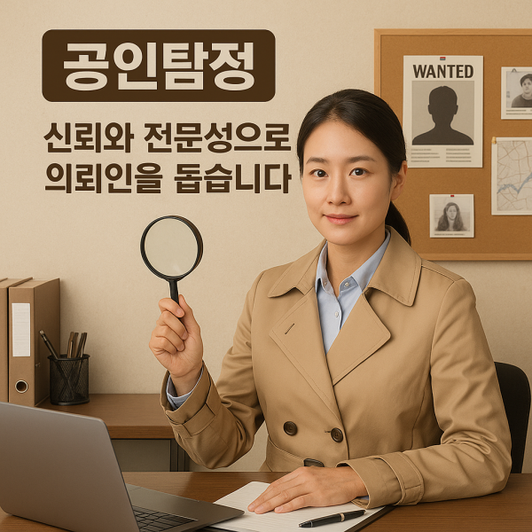 공인탐정 여성 탐정이 사무실 책상에서 돋보기를 들고 미소를 짓는 모습. 책상 위에는 노트북과 노트가 놓여 있으며 뒤쪽 게시판에는 사건 자료와 인물 사진이 정리된 탐정사무소 분위기의 이미지